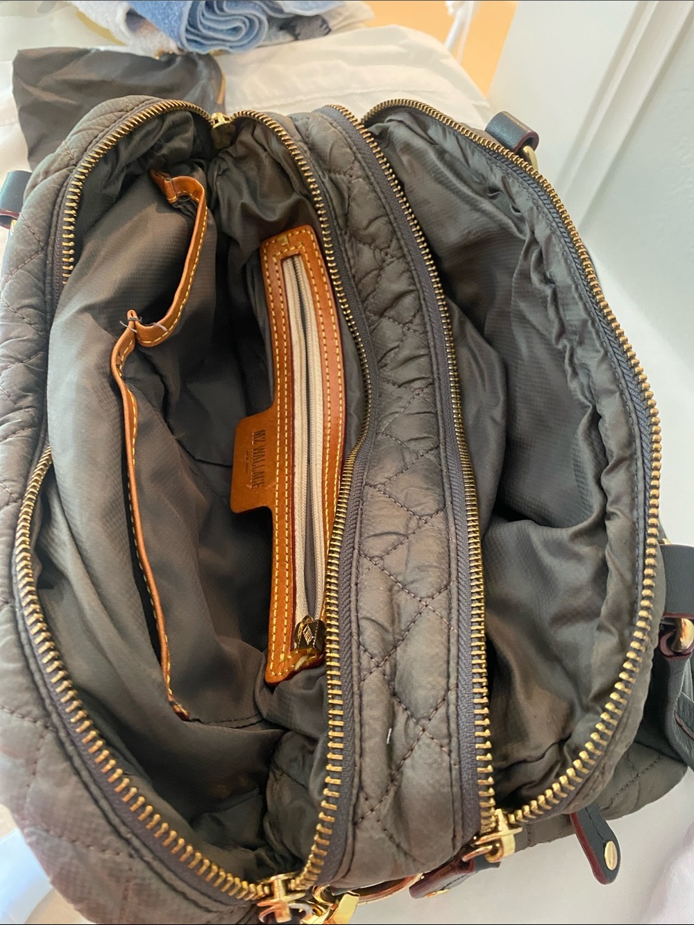 MZ Wallace Quilted Taupe Shoulder Bag with Black Handles and Brown Trim - Picture 3 of 4